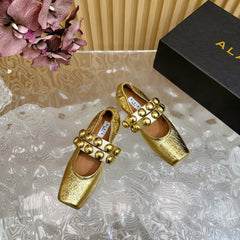 ALAIA MARY JANE PEARL IN GOLD GLOSSY LAMBSKIN