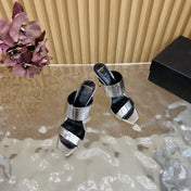 BALMAIN 25S MULES IN STRIPED LEATHER 95MM IN SILVER CALFSKIN