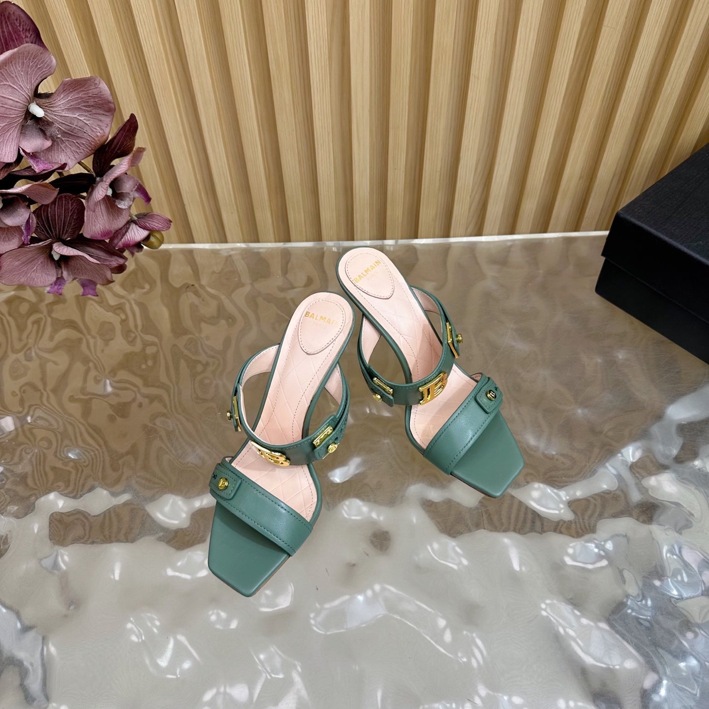 BALMAIN 25S MULES IN STRIPED LEATHER 95MM IN DUSTY GREEN CALFSKIN GOLD HARDWARE