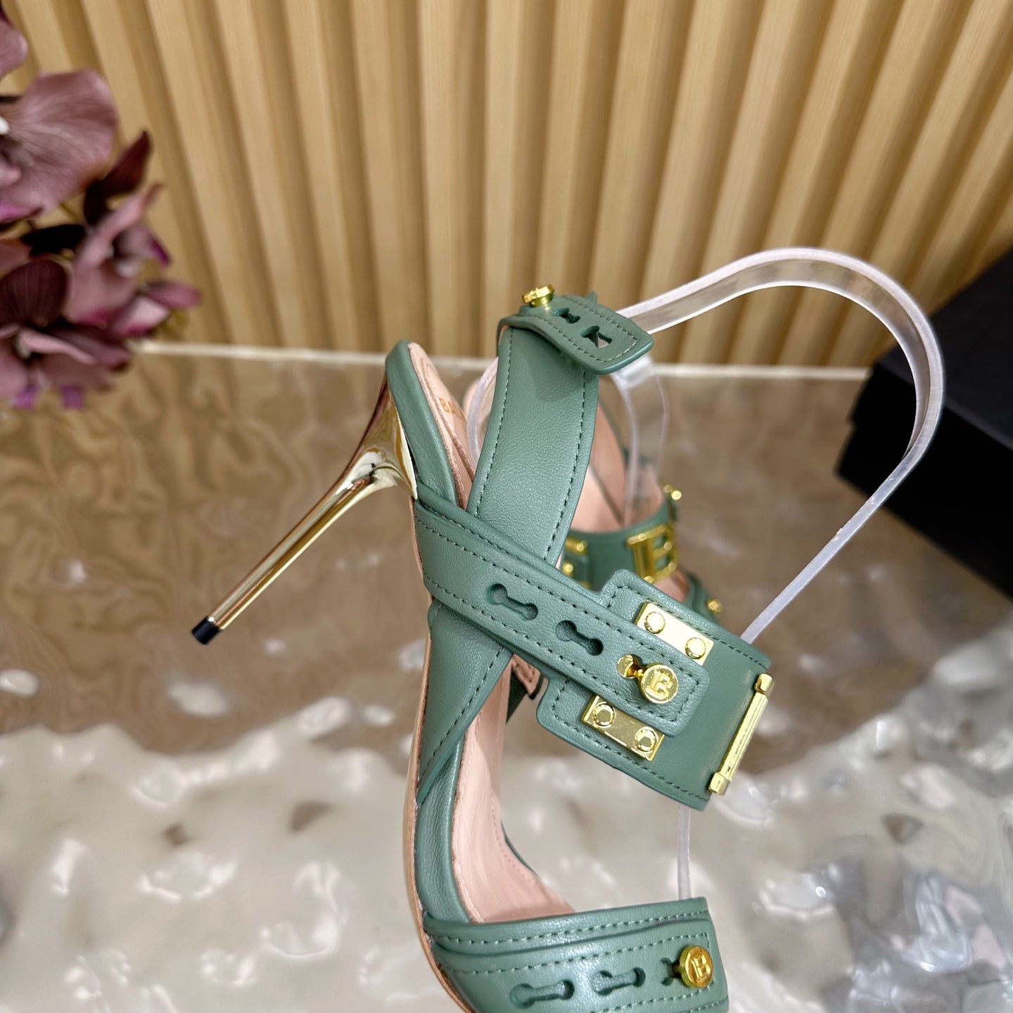 BALMAIN 25S RHINESTONE STILETTO SANDALS 95MM IN DUSTY GREEN CALFSKIN