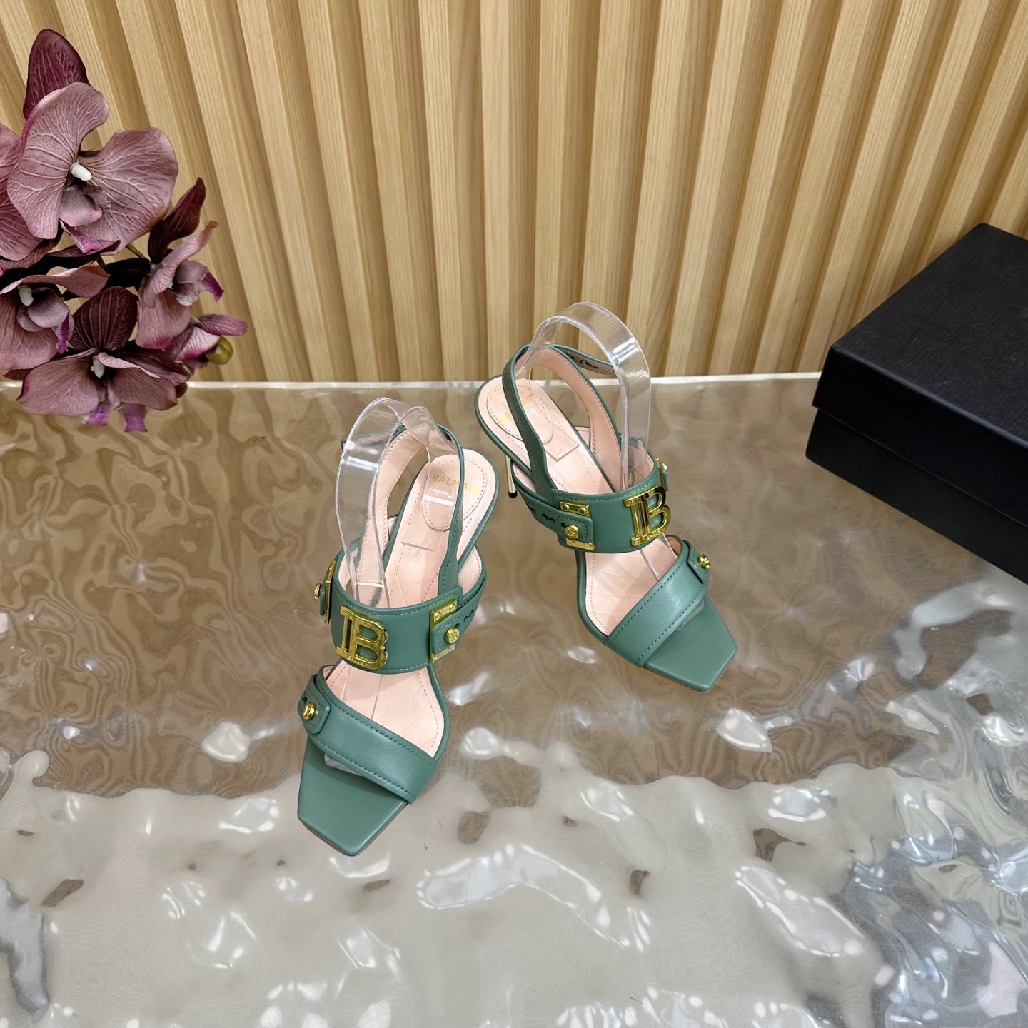 BALMAIN 25S RHINESTONE STILETTO SANDALS 95MM IN DUSTY GREEN CALFSKIN