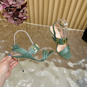 BALMAIN 25S RHINESTONE STILETTO SANDALS 95MM IN DUSTY GREEN CALFSKIN