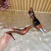 YSL 25S HIGH-HEEL SLINGBACKS 85 MM IN REDWOOD BROWN LAMBSKIN AND SILVER HARDWARE