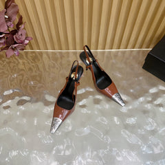 YSL 25S HIGH-HEEL SLINGBACKS 85 MM IN REDWOOD BROWN LAMBSKIN AND SILVER HARDWARE