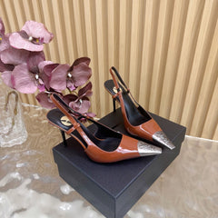 YSL 25S HIGH-HEEL SLINGBACKS 85 MM IN REDWOOD BROWN LAMBSKIN AND SILVER HARDWARE