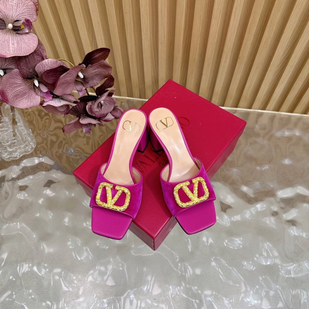 VALENTINO 25S HIGH-HEEL MULES 60 MM IN DARK PINK VELVET AND CALFSKIN WITH GOLD HARDWARE