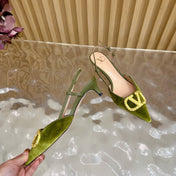 VALENTINO 25S HIGH-HEEL SLINGBACKS IN MOSS GREEN VELVET WITH GOLD HARDWARE