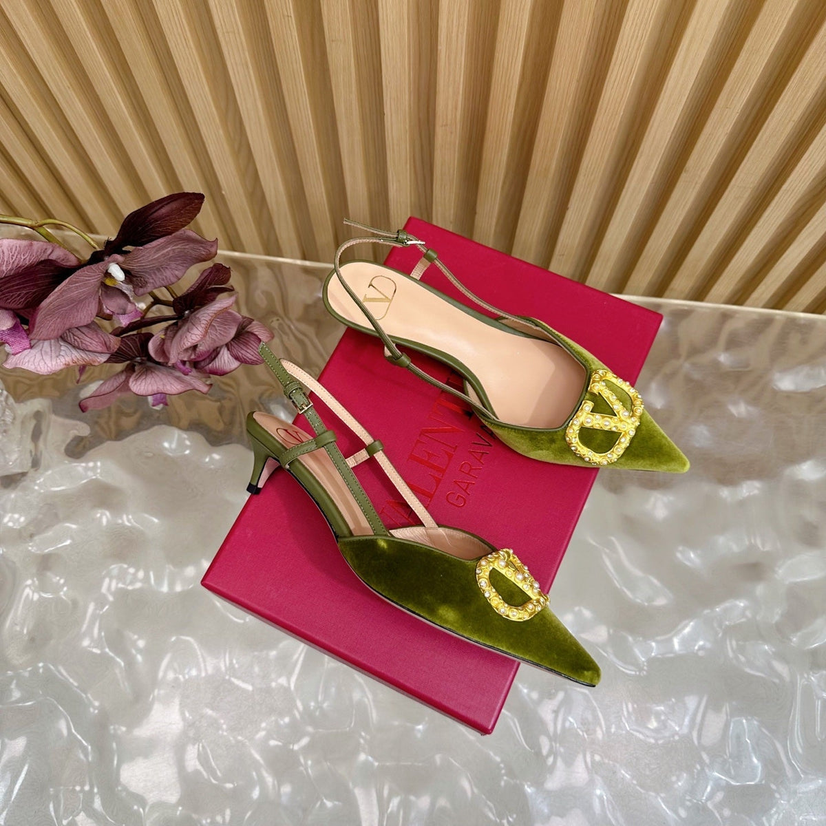 VALENTINO 25S HIGH-HEEL SLINGBACKS IN MOSS GREEN VELVET WITH GOLD HARDWARE