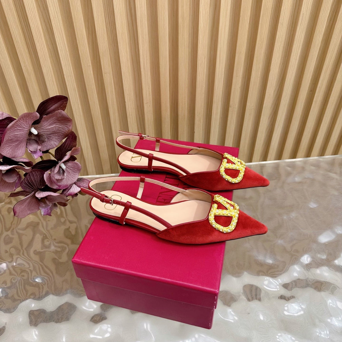 VALENTINO 25S FLAT SLINGBACKS IN RED VELVET WITH GOLD HARDWARE