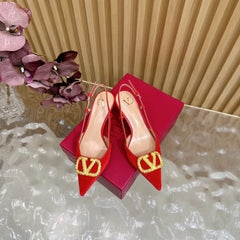 VALENTINO 25S HIGH-HEEL SLINGBACKS IN RED VELVET WITH GOLD HARDWARE