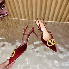 VALENTINO 25S HIGH-HEEL SLINGBACKS IN DARK RED VELVET WITH GOLD HARDWARE