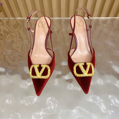 VALENTINO 25S HIGH-HEEL SLINGBACKS IN DARK RED VELVET WITH GOLD HARDWARE