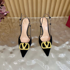 VALENTINO 25S HIGH-HEEL SLINGBACKS IN BLACK VELVET WITH GOLD HARDWARE