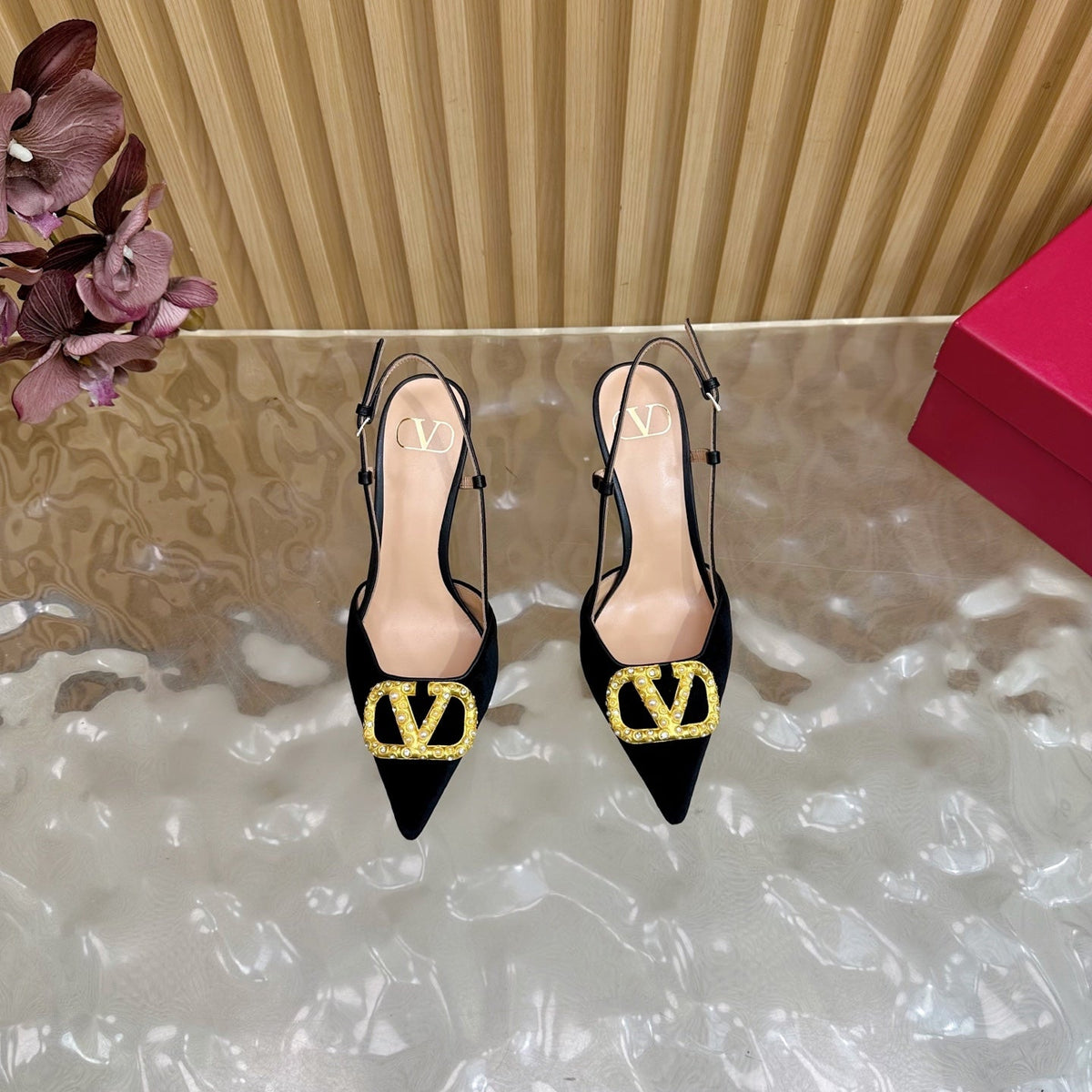 VALENTINO 25S HIGH-HEEL SLINGBACKS IN BLACK VELVET WITH GOLD HARDWARE