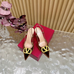 VALENTINO 25S HIGH-HEEL SLINGBACKS IN DARK BROWN VELVET WITH GOLD HARDWARE