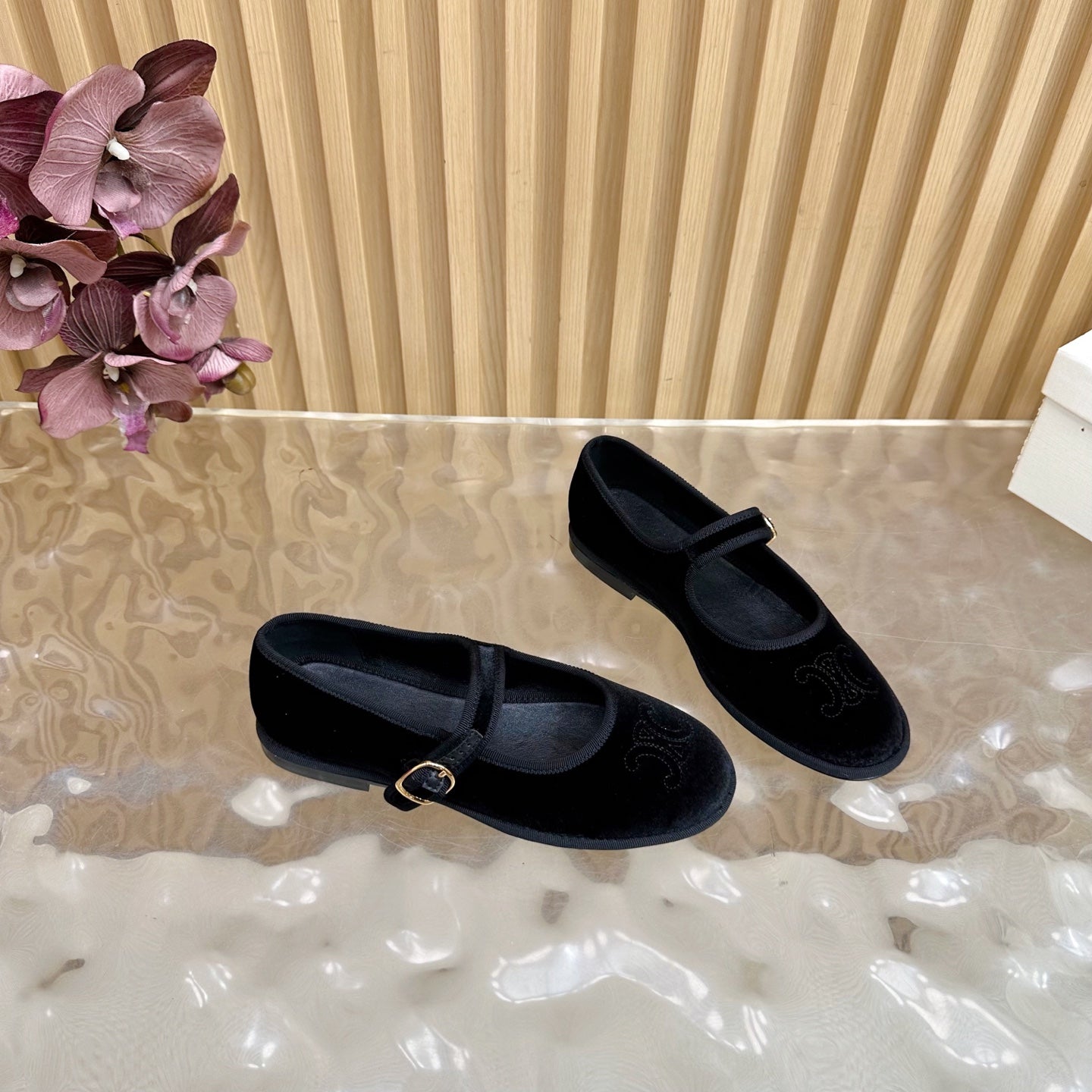 CELINE 26S MARY JANE FLATS IN BLACK VELVET