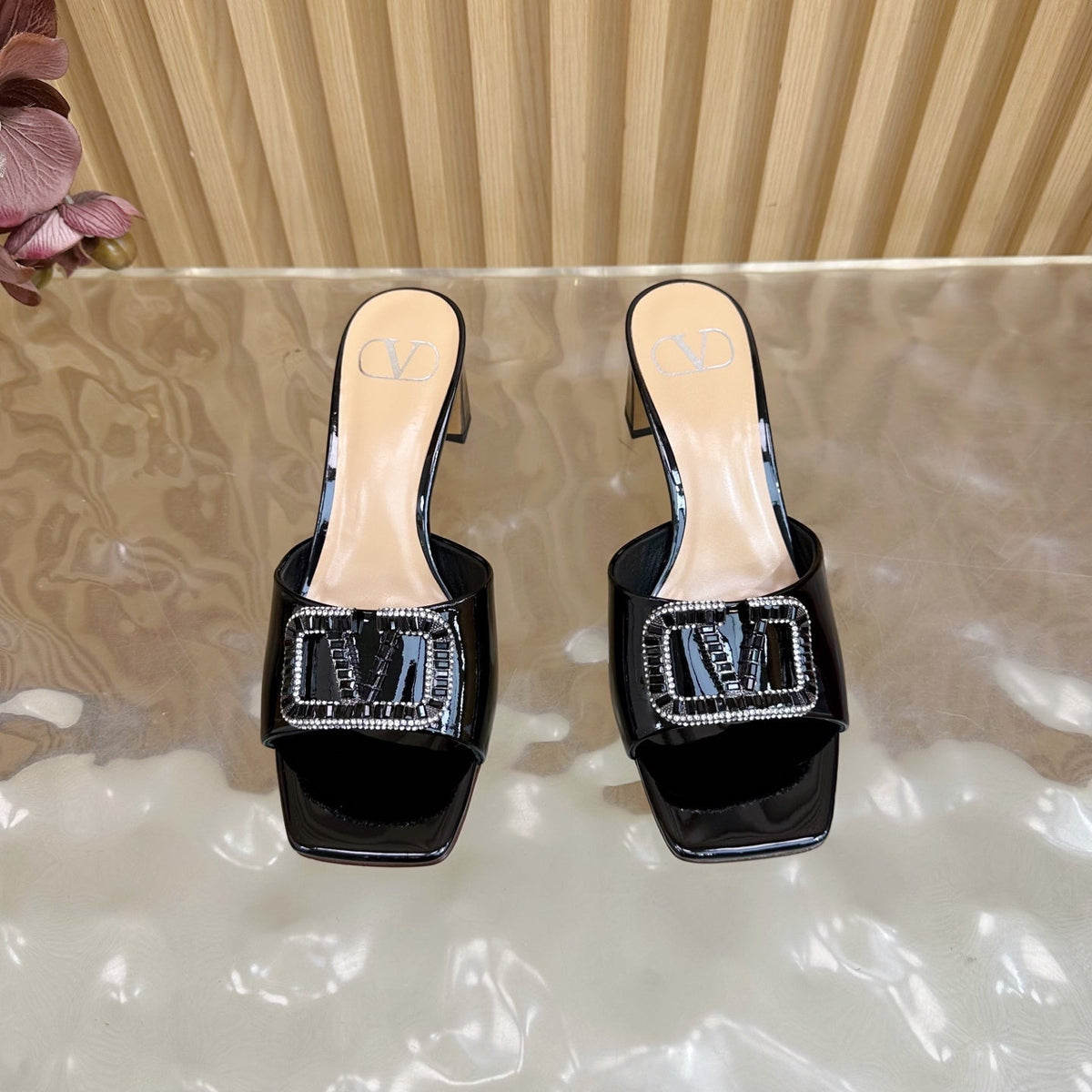 VALENTINO 25S HIGH-HEEL MULES 60 MM IN BLACK PATENT CALFSKIN WITH CRYSTAL-EMBELLISHED STRAP