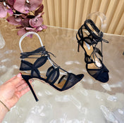 AQUAZZURA 26S SANDALS 100 MM IN BLACK SUEDE & MESH