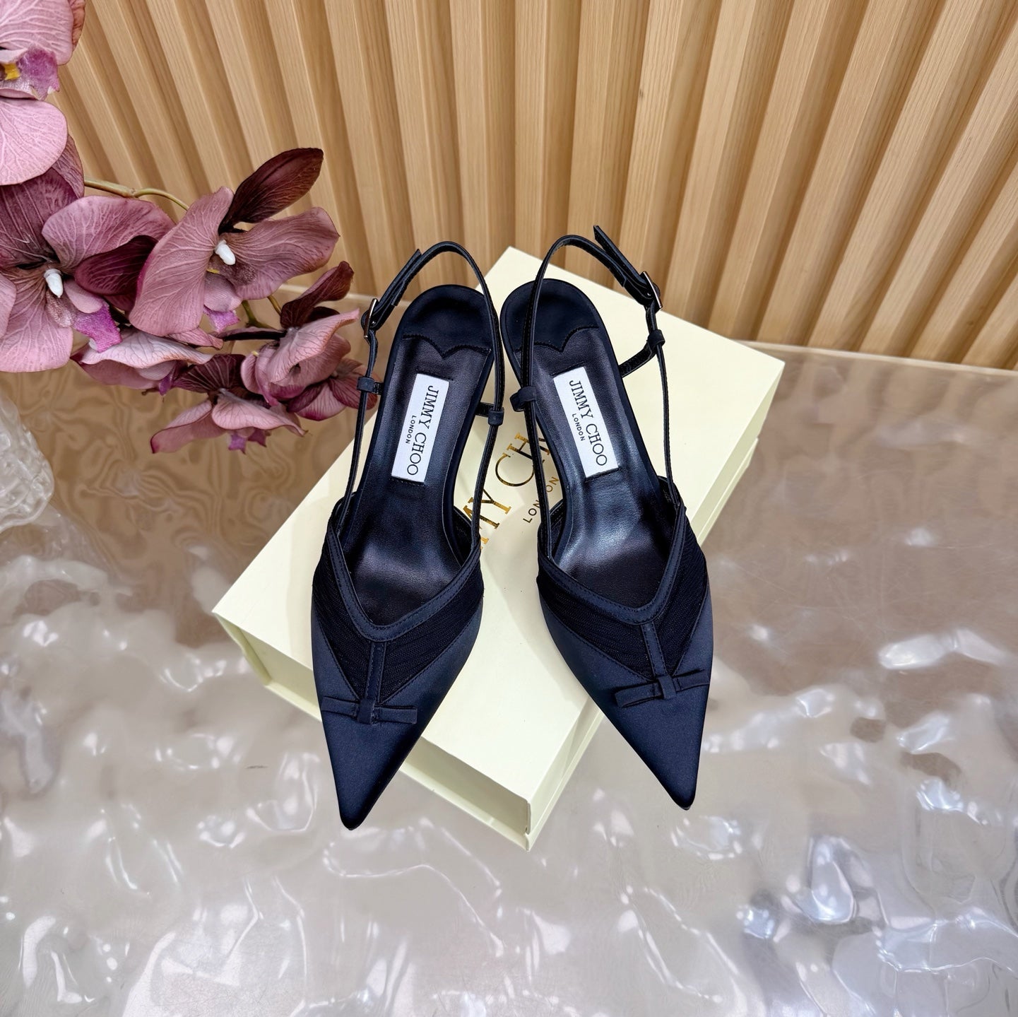 JIMMY CHOO 26S SLINGBACK HEELS 65 MM IN BLACK MESH AND SATIN