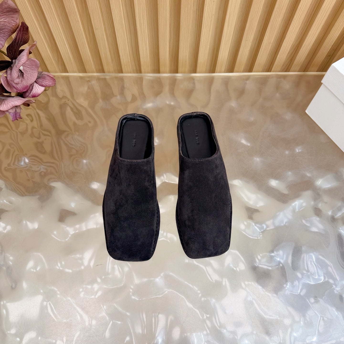THE ROW 26S SQUARE TOE MULE FLATS IN DARK BROWN SUEDE