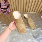 THE ROW 26S SQUARE TOE MULE FLATS IN CAMEL BROWN SUEDE