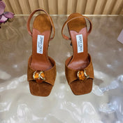 JIMMY CHOO 26S HIGH-HEEL SANDALS 100 MM IN BROWN SUEDE STONE EMBELLISHMENT