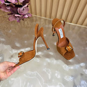 JIMMY CHOO 26S HIGH-HEEL SANDALS 100 MM IN BROWN SUEDE STONE EMBELLISHMENT