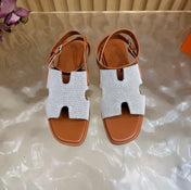 HM 26S SANTORINI SANDALS IN BROWN CALFSKIN AND BEIGE CANVAS