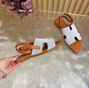 HM 26S SANTORINI SANDALS IN BROWN CALFSKIN AND BEIGE CANVAS