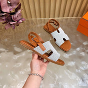 HM 26S SANTORINI SANDALS IN BROWN CALFSKIN AND BEIGE CANVAS