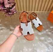 HM 26S SANTORINI SANDALS IN BROWN CALFSKIN AND BEIGE CANVAS