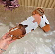 HM 26S SANTORINI SANDALS IN BROWN CALFSKIN AND BEIGE CANVAS