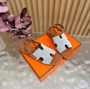 HM 26S SANTORINI SANDALS IN BROWN CALFSKIN AND BEIGE CANVAS