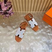 HM 26S SANTORINI SANDALS IN BROWN CALFSKIN AND BEIGE CANVAS