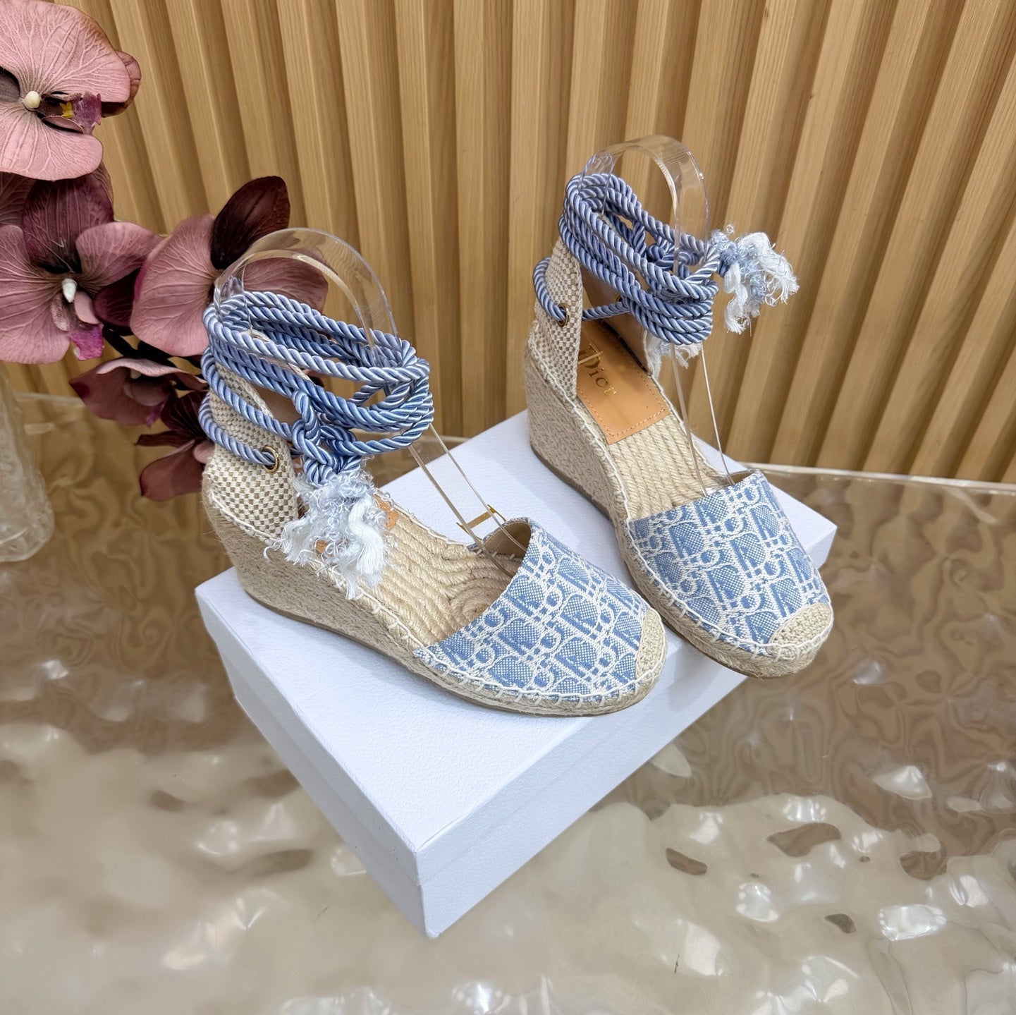 DIOR 26S OBLIQUE LACE-UP WEDGE ESPADRILLE SANDALS IN LIGHT BLUE EMBROIDERED COTTON