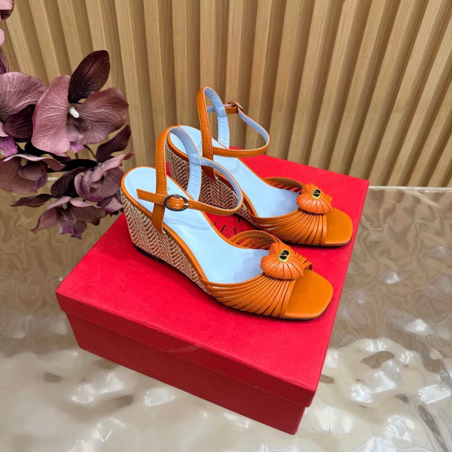 VALENTINO 26S WEDGE SANDAL 85 MM IN ORANGE CALFSKIN