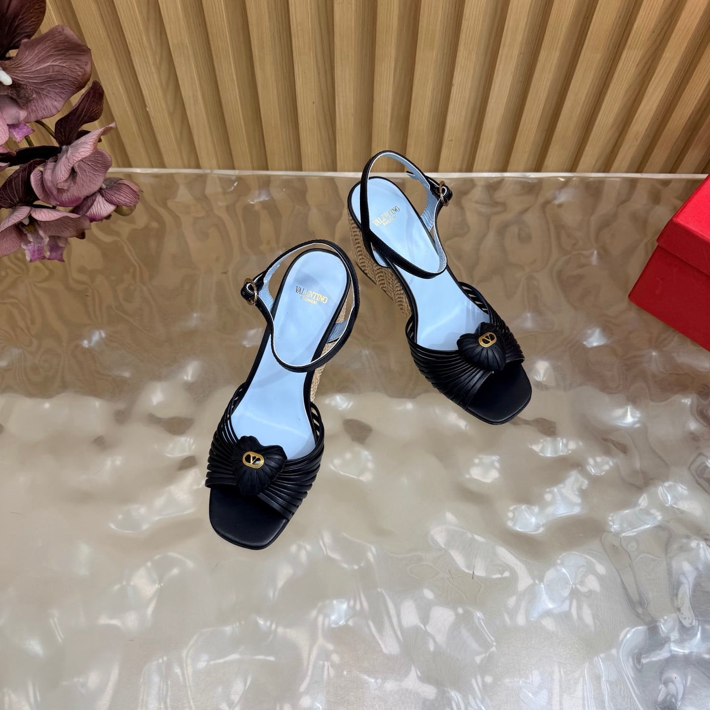VALENTINO 26S WEDGE SANDAL 85 MM IN BLACK CALFSKIN