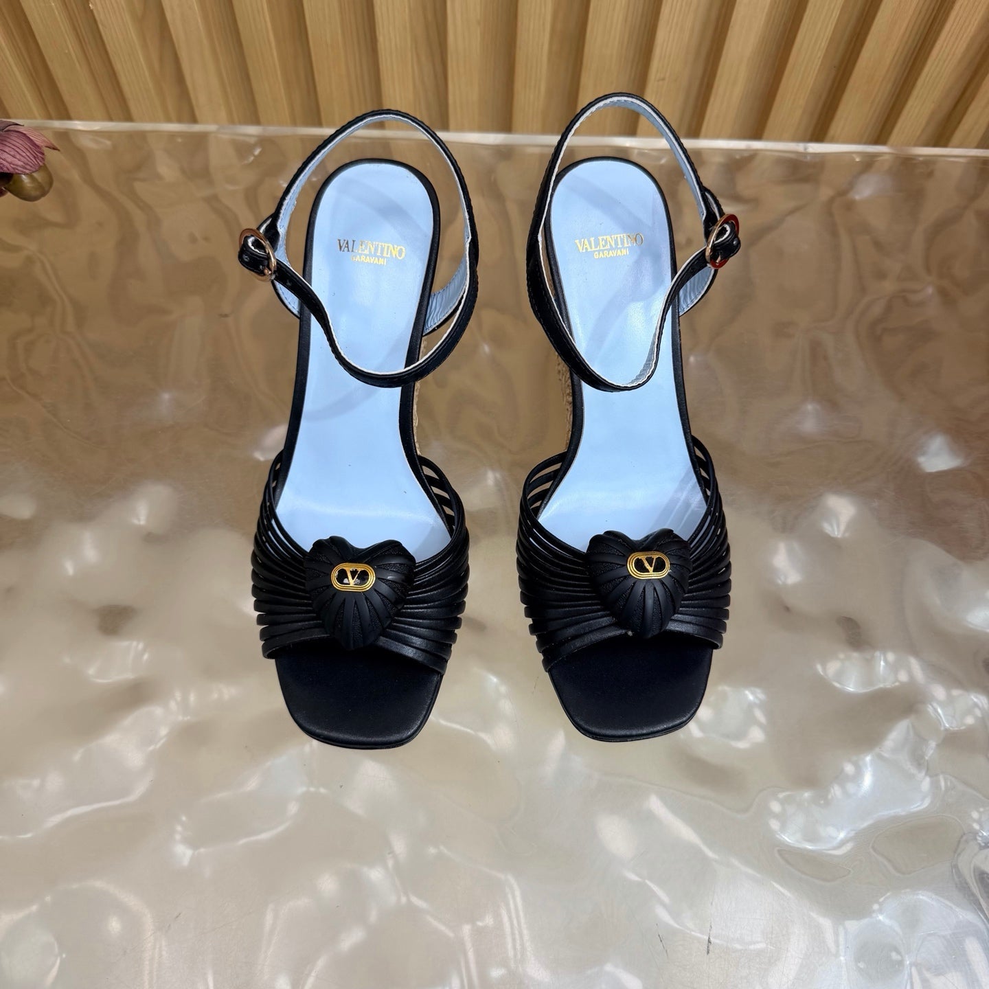 VALENTINO 26S WEDGE SANDAL 85 MM IN BLACK CALFSKIN