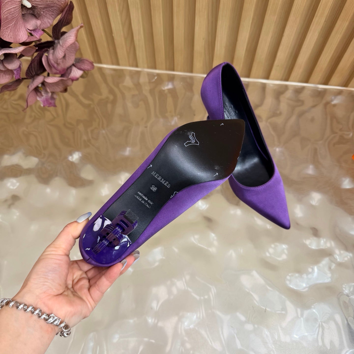 HM 26S HIGH-HEEL 80 MM IN PURPLE SATIN