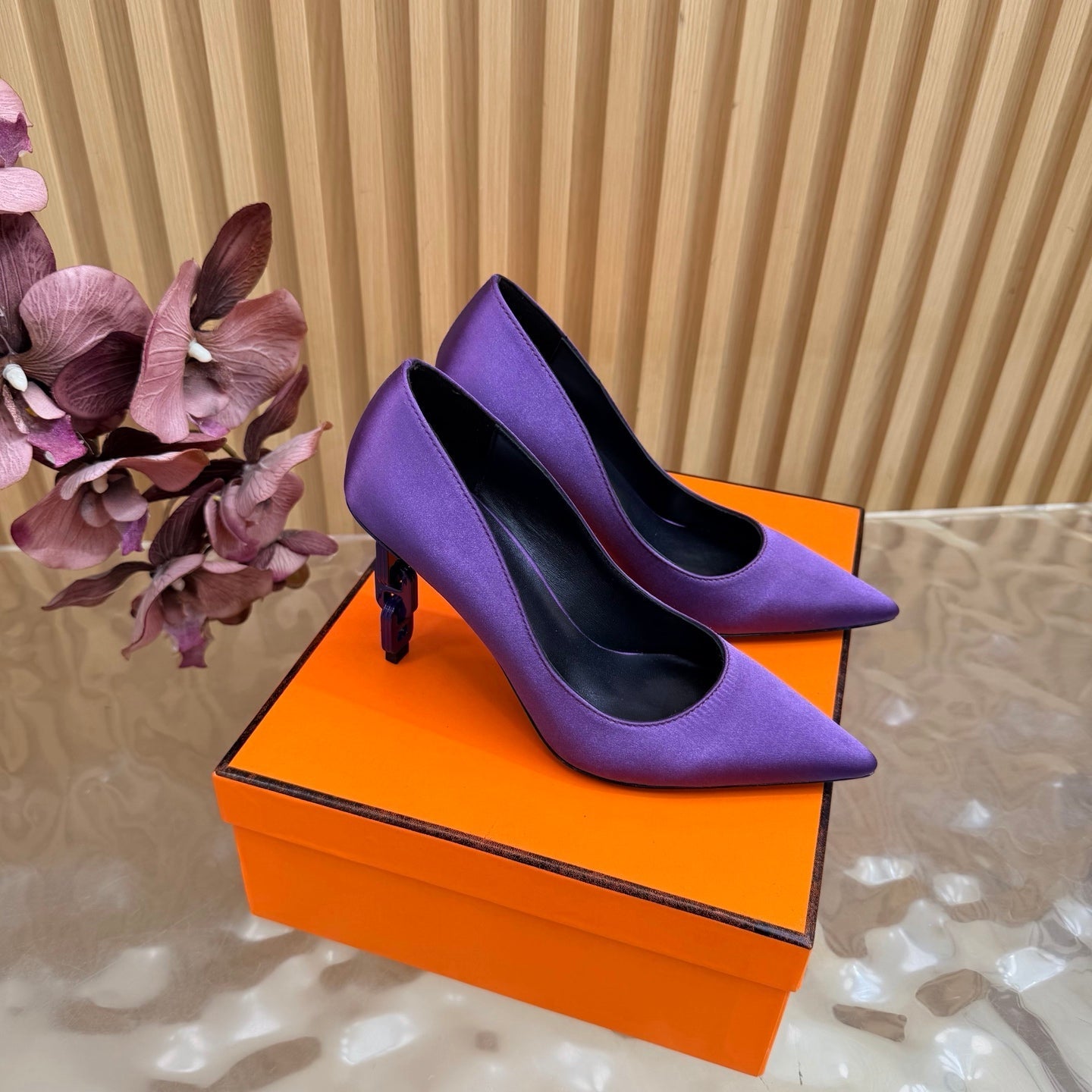 HM 26S HIGH-HEEL 80 MM IN PURPLE SATIN