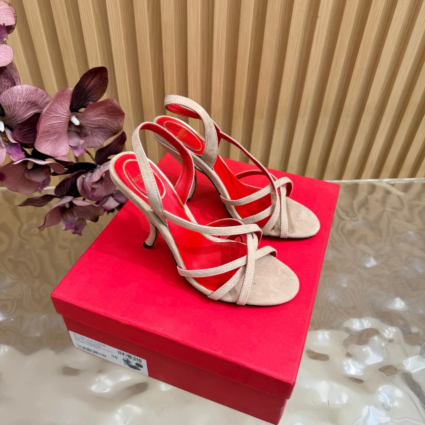 VALENTINO 26S STRAPPER HEEL SANDALS 100 MM IN BEIGE SUEDE