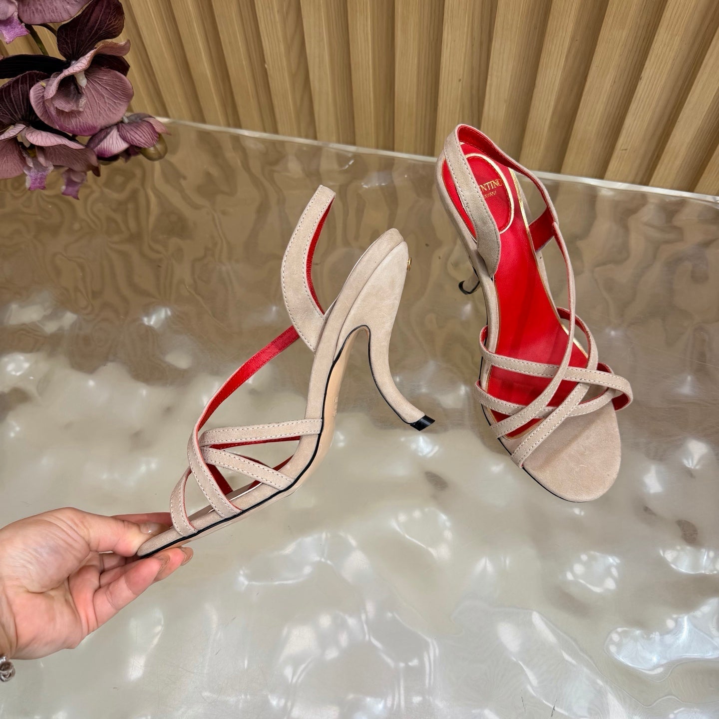 VALENTINO 26S STRAPPER HEEL SANDALS 100 MM IN BEIGE SUEDE
