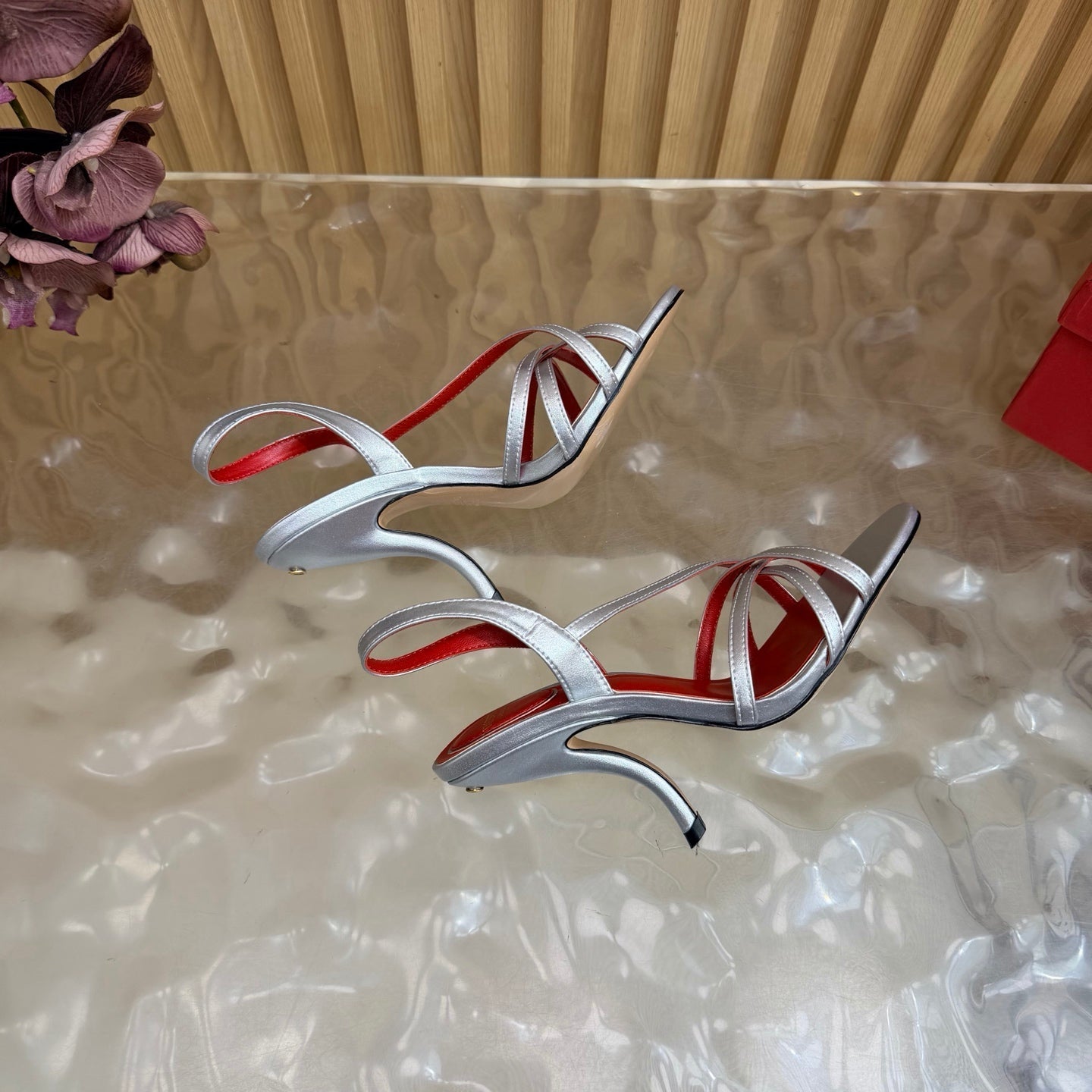 VALENTINO 26S STRAPPER HEEL SANDALS 100 MM IN SILVER CALFSKIN