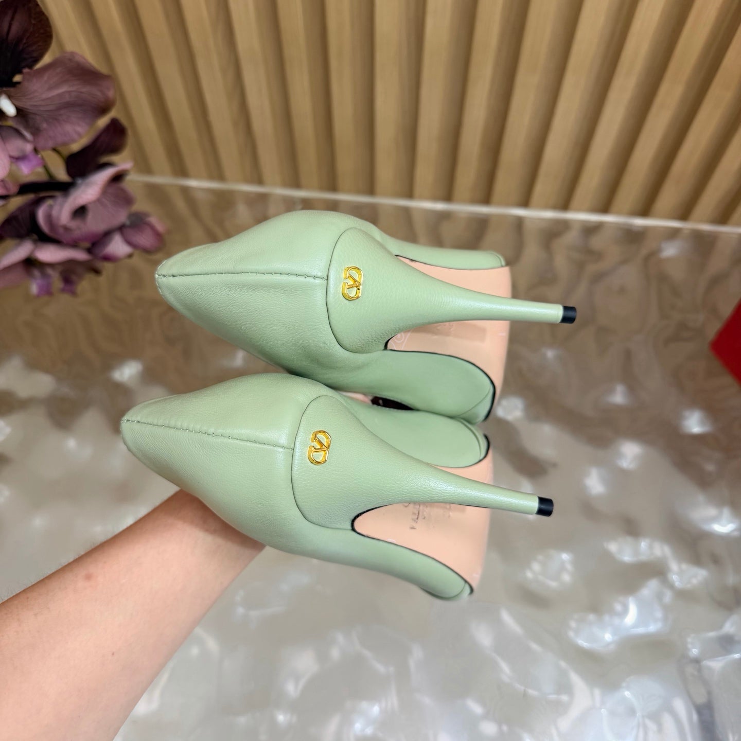 VALENTINO 26S HIGH-HEEL 100 MM IN MINT GREEN GATHERED CALFSKIN
