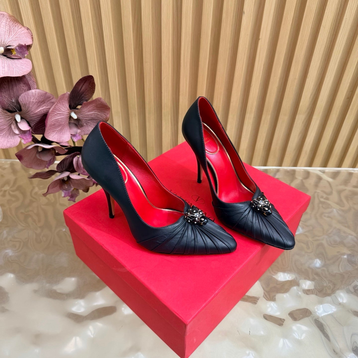 VALENTINO 26S HIGH-HEEL 100 MM IN BLACK GATHERED CALFSKIN
