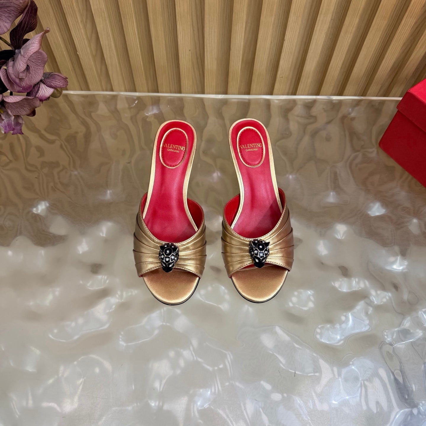 VALENTINO 26S HIGH-HEEL SANDALS 50 MM IN METALLIC GOLD GATHERED CALFSKIN