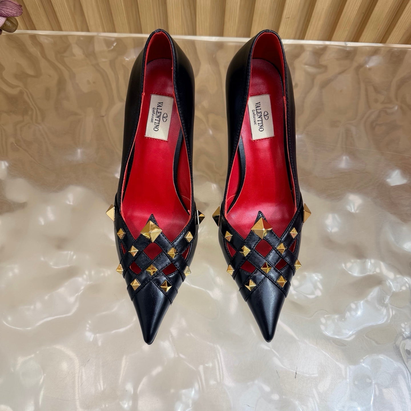 VALENTINO 26S STUDDED POINTED TOE PUMPS 90 MM IN BLACK CALFSKIN
