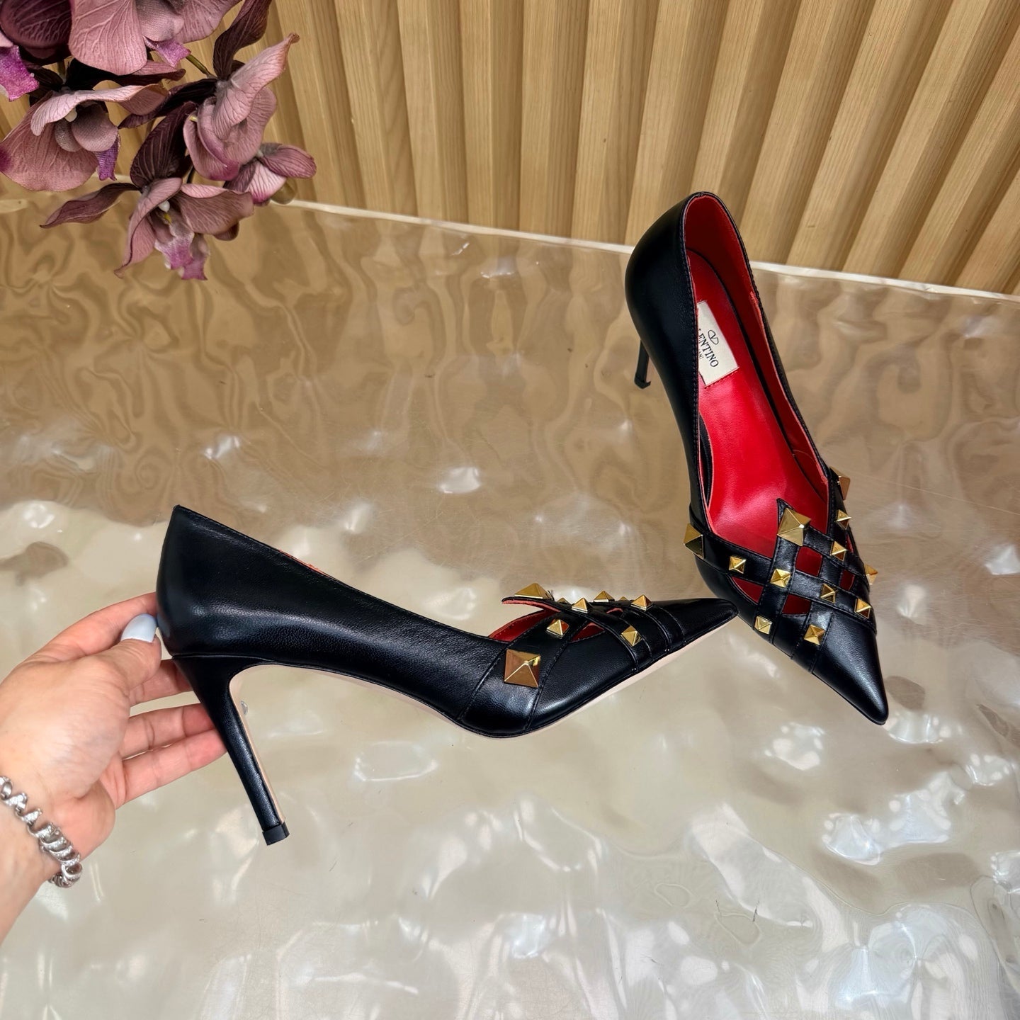 VALENTINO 26S STUDDED POINTED TOE PUMPS 90 MM IN BLACK CALFSKIN