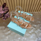 AQUAZZURA 26S FLAT SANDALS IN ROSE GOLD CALFSKIN CRYSTAL EMBELLISHED