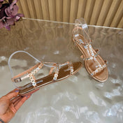 AQUAZZURA 26S FLAT SANDALS IN ROSE GOLD CALFSKIN CRYSTAL EMBELLISHED